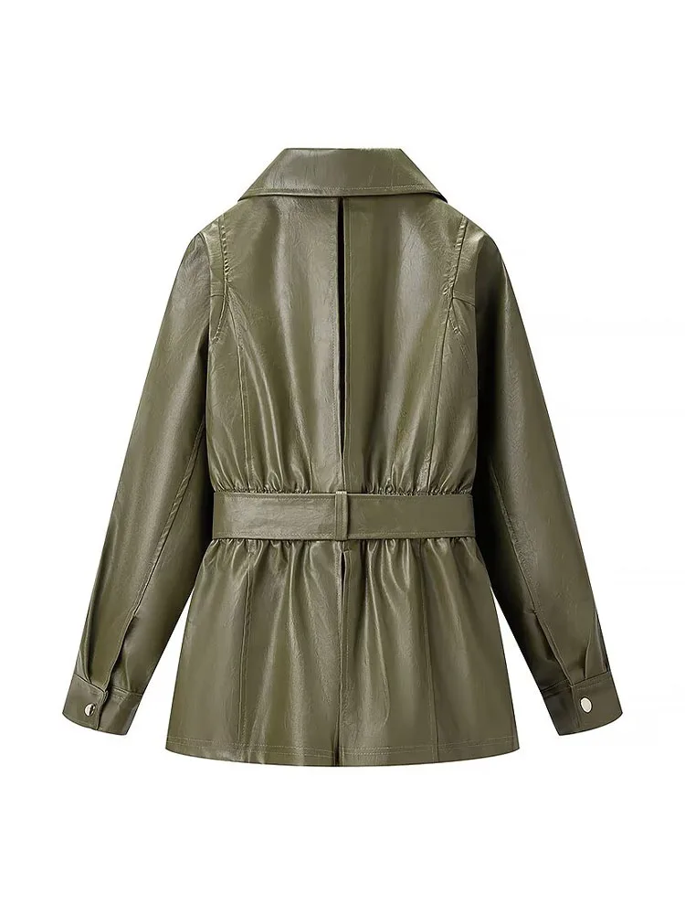 

HH Female High Street Coats Solid Turn-Down Collar Long Sleeves Pockets Belt Decoration Zipper Women's Spring Fashion Jackets