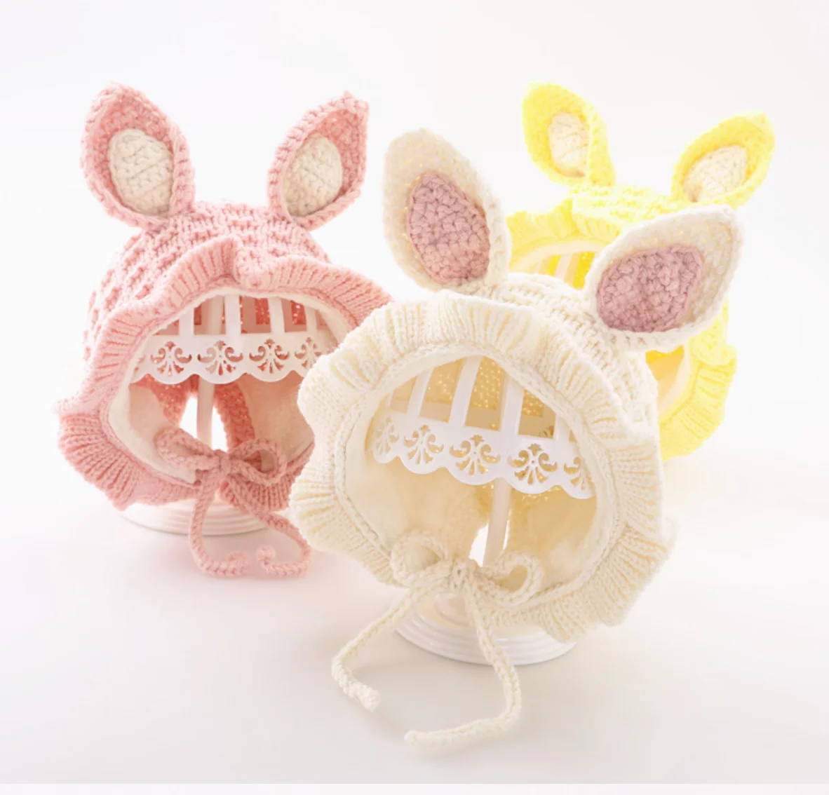 Autumn Winter Baby Knitted Hat Princess Cute Rabbit Ears Handmade Kids Ear Protection Wool Hats For Warm