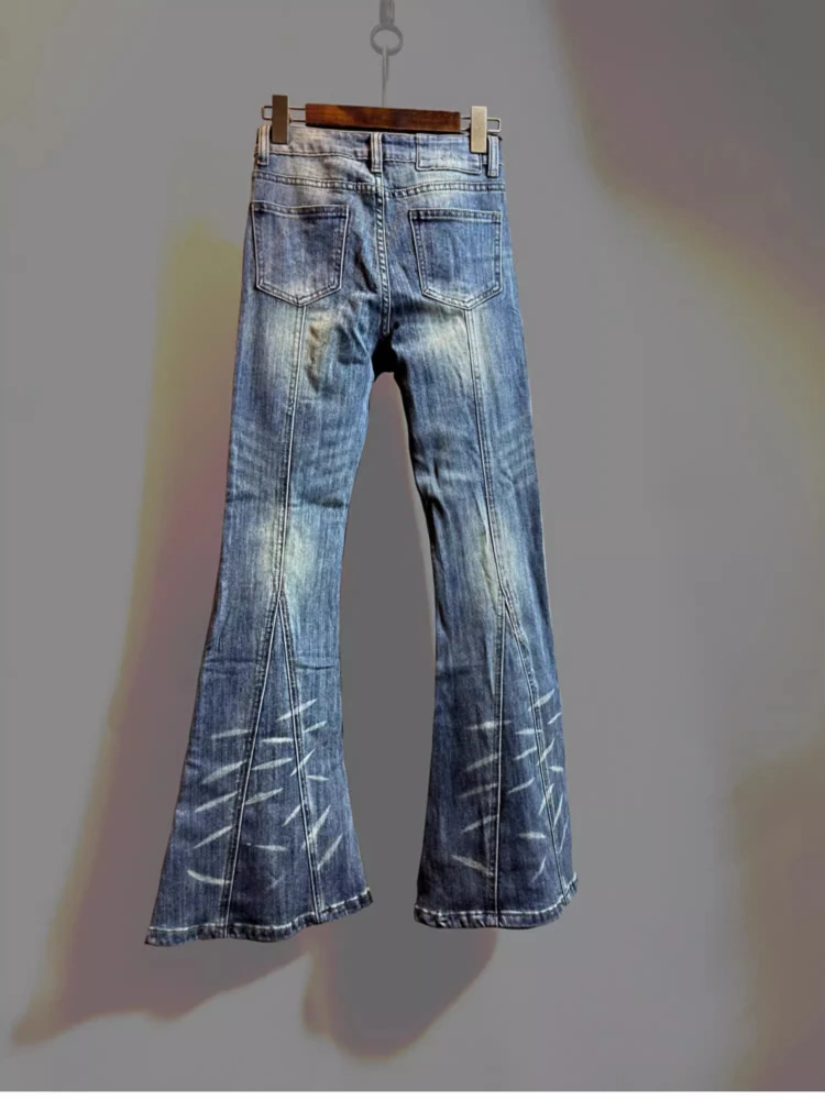 Amerikaanse stijl mode retro klinknagel uitlopende lange broek hoog getailleerde slim fit veelzijdige casual denim broek voor dames jeans