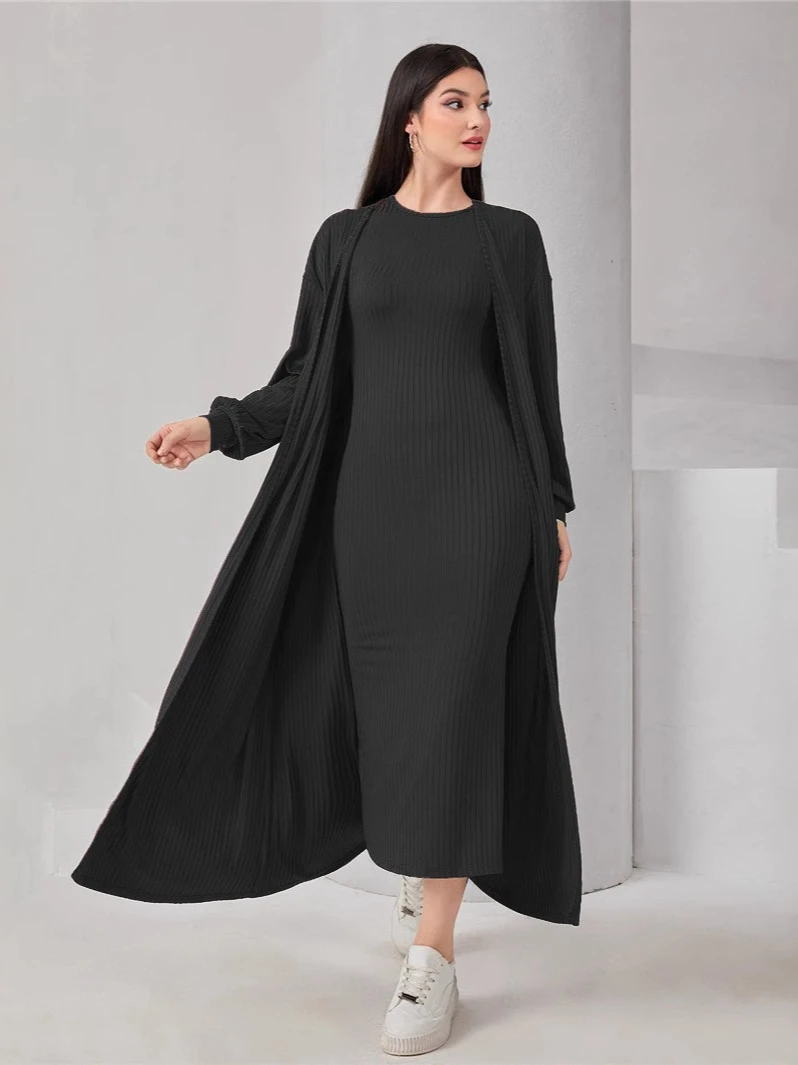 ฤดูใบไม้ร่วงมุสลิมชุดสตรีเสื้อสเวตเตอร์ถักชุด 2 ชิ้นชุดแขนยาว Abaya Caftan ชุด Saudi อาหรับดูไบ Musulman Ensembles 2025