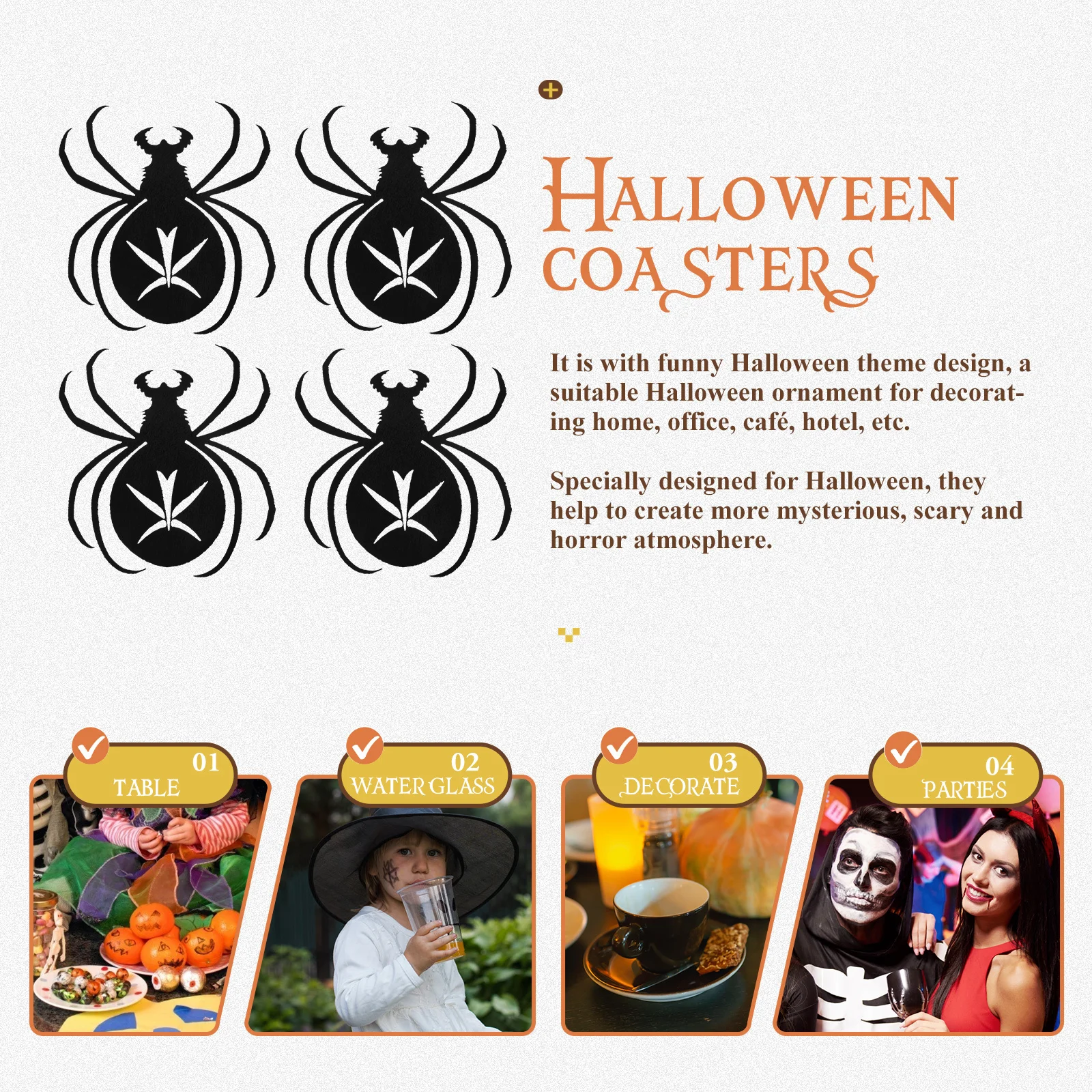 

12pcs Spider Coasters Halloween Cup Mat Black Non-Woven Fabric Heat-Resistant Table Decor For Home Kitchen Party Car Holder