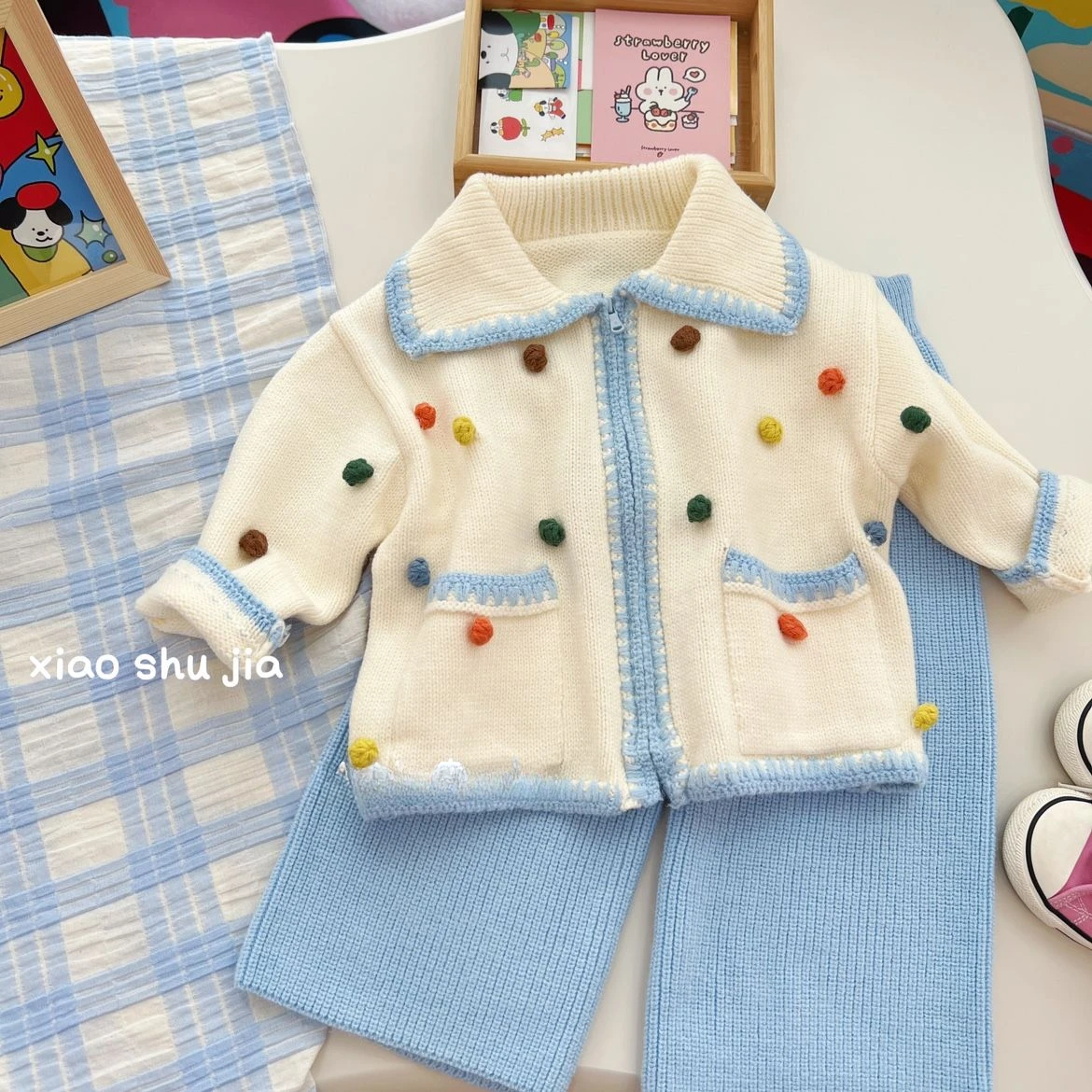 

Girl Clothes Suit Children Fall Children Wear Girl Colorful Hairball Sweater Short Coat Baby Knitwear Straight Leg Knit Pant Set