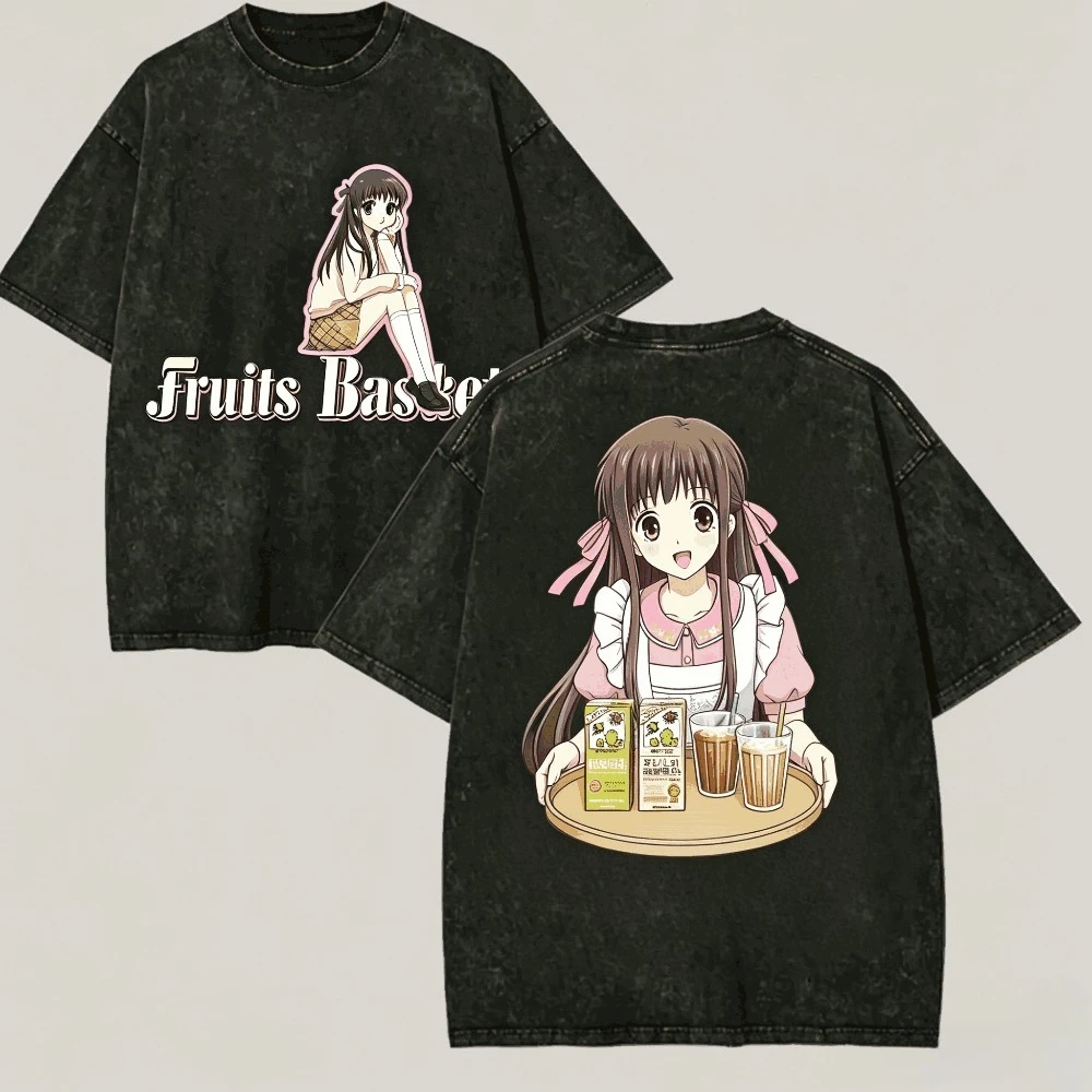 Fruits Basket Shirt Vintage Washed Unisex Oversized Anime Streetwear Soft Cotton Short Sleeve Tee Gift Clothing Tops Hot Sale