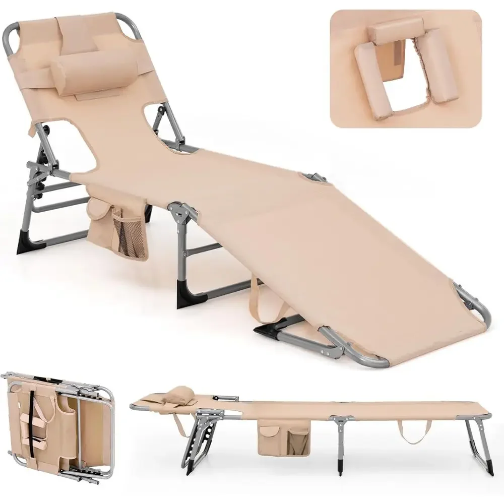 Portable 330lbs Capacity Tanning Lounge Chair with 5-Position Backrest, Armrests, and Side Table for Outdoor Relaxation