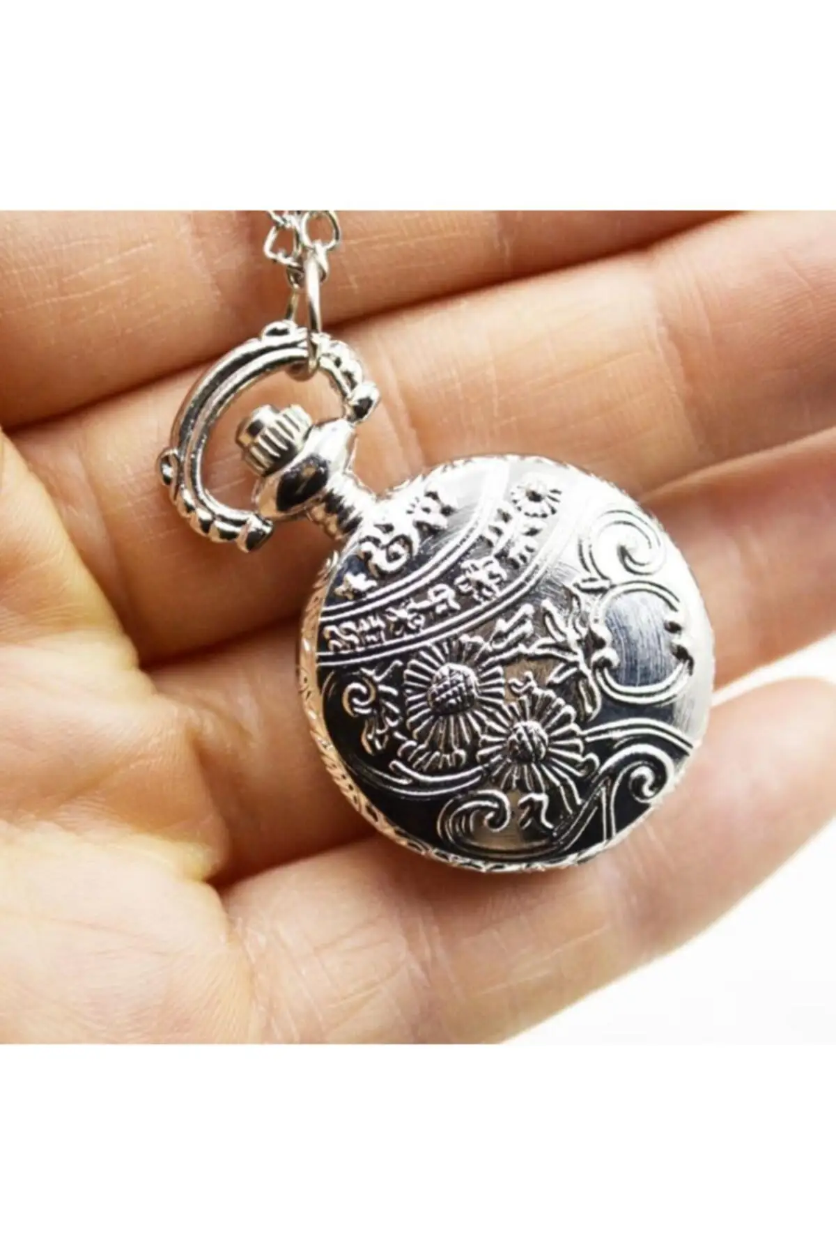 Uras Quartz Köstekli Mini Pocket Watch Necklace Silver Flower Creeper Pattern Vintage Watch Men Women