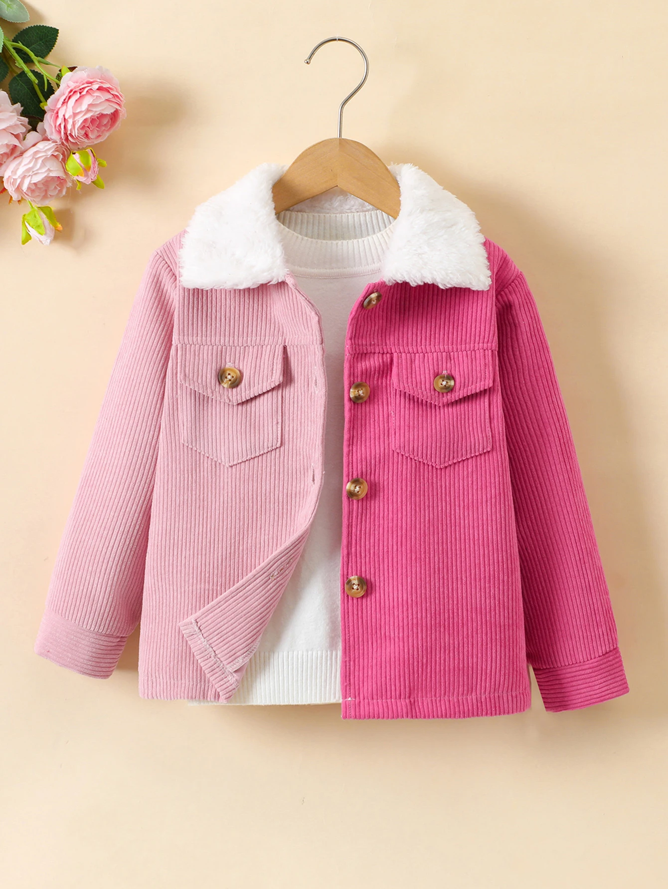 Spring and autumn girls fashion color patchwork corduroy with plush collar no lining thin jacket