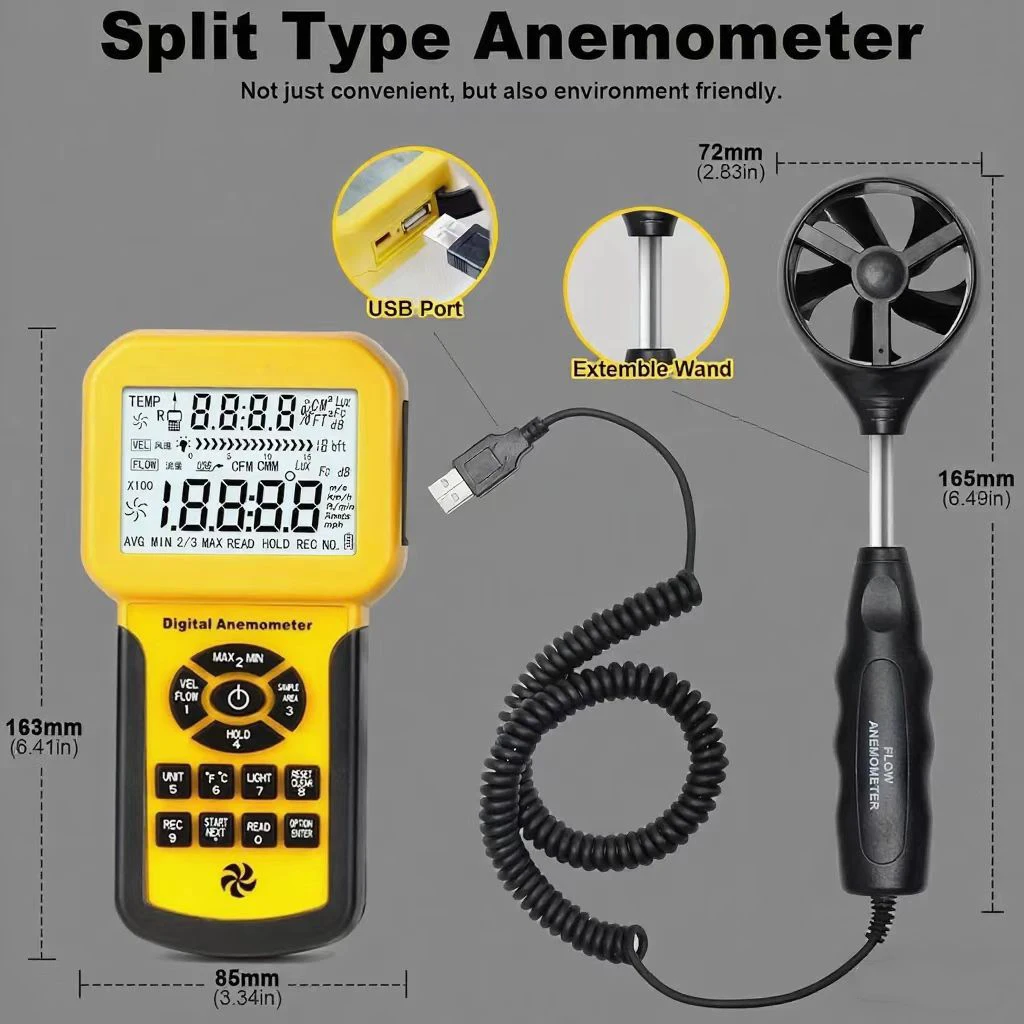 Прибор HoldPeak CFM с USB-анемометром HVAC, портативным прибором для измерения скорости ветра и скорости воздуха 100 миль в час.