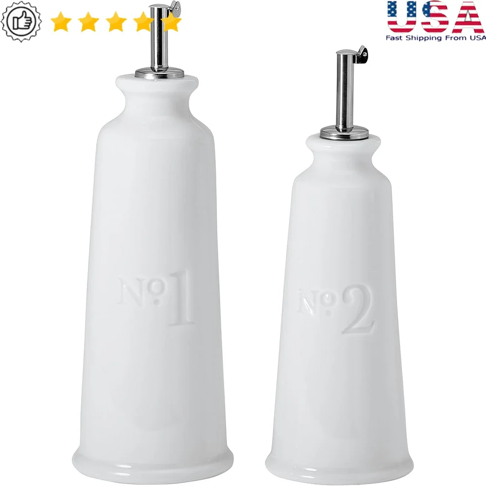 

Elegant Bistro Oil Vinegar Bottle Set Porcelain Stainless Steel Spouts Dishwasher Safe Kitchen Decor Classic Style Generously