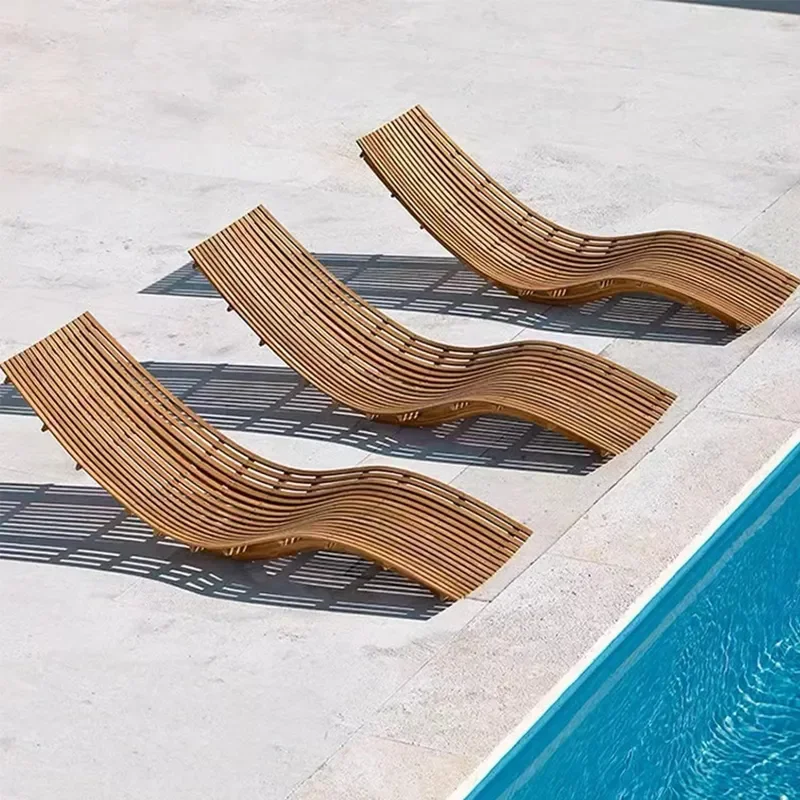 for Beach Chair Outdoor Solid Wood Bed Swimming Pool Leisure Waterproof Sunscreen Villa Recliner Rattan Anticorrosive Bed
