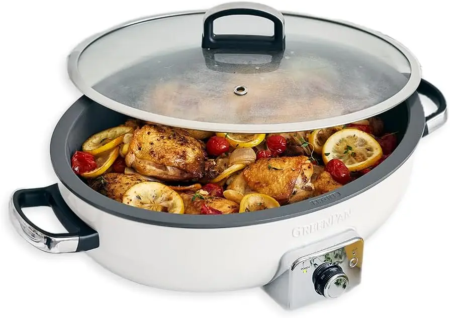 Elite 5.5QT Electric Oval Skillet, PFAS-Free Ceramic Nonstick, 1800 Watt, Dishwasher Safe Lid & Removable Crock, Adjustable Temp