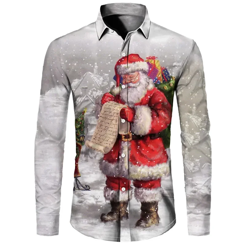 2024 Christmas Long Sleeve Shirt Lapel Men's Button Up Shirt Autumn Christmas Snowman 3D Printed Men's Casual Party Holiday Top