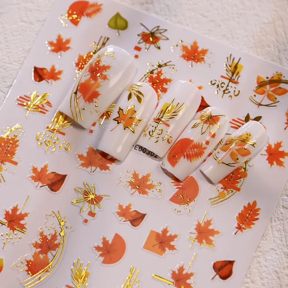 6Pcs 3D Thanksgiving Maple Leaf Pumpkin Nail Art Sticker Autumn Leaves Rice Ears Harvest Nails Decor Adhesive Halloween Sliders