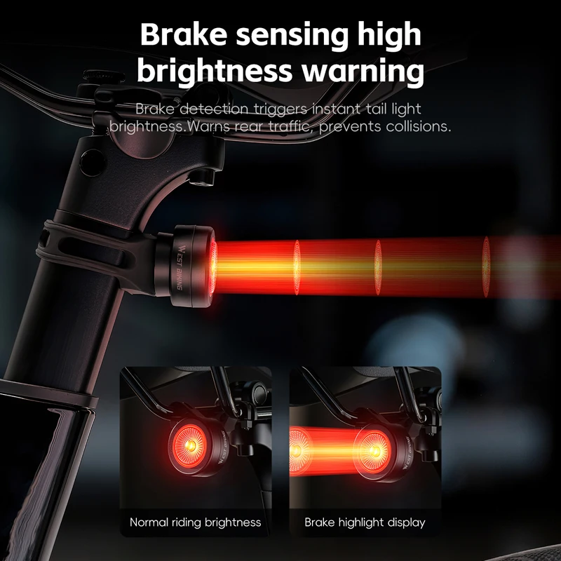 WEST BIKING Bicycle Light Intelligent Brake Sensing Bike Rear Light Handlebar End Plug Light Cycling Light Bike Accessories