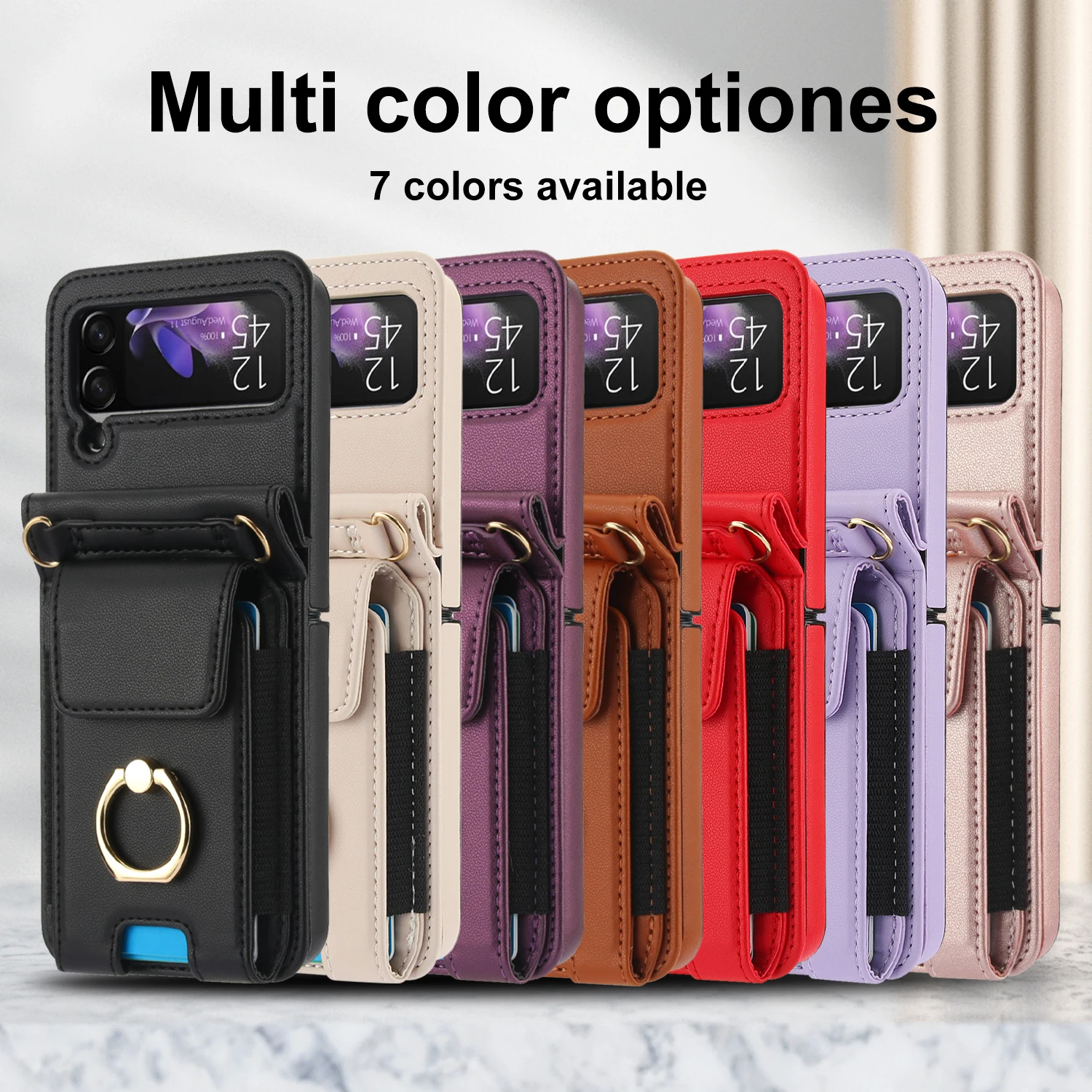 Lanyard Elastic Vertical Card Solt Leather Ring Holder Case For Samsung Galaxy Z Flip 6 5 4 3 5G Flip6 Flip5 Bag Crossbody Cover