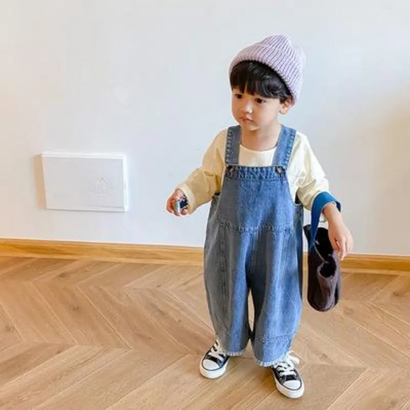 Autumn New Children's Loose Wide-leg Pants Baby Boys Fashionable Denim Suspenders Boys Foreign Flavor Casual Outer Wear Trousers