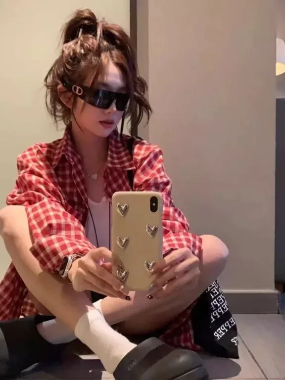 Retro American Red Plaid irt Damen Lose Lässige Dünne Oberbekleidung Offene Strickjacke Koreanische Version Frühling Pendeln Sle Long Sve