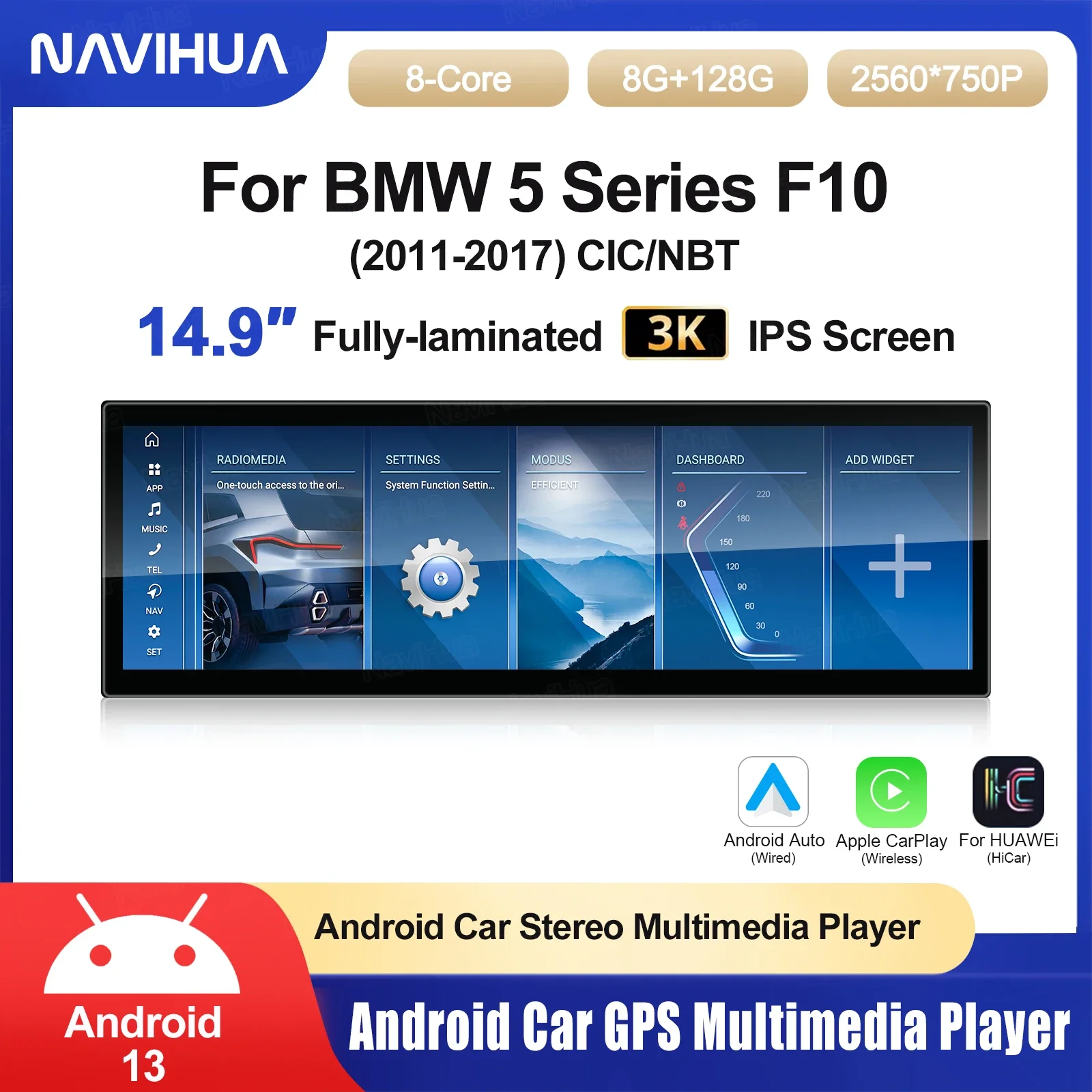 

Navihua 14,9 дюйма Android 13 Беспроводной Carplay Auto для BMW 5 серии F10 2011-2017 CIC NBT Автомобильный радиоприемник Navi Мультимедийный плеер BT