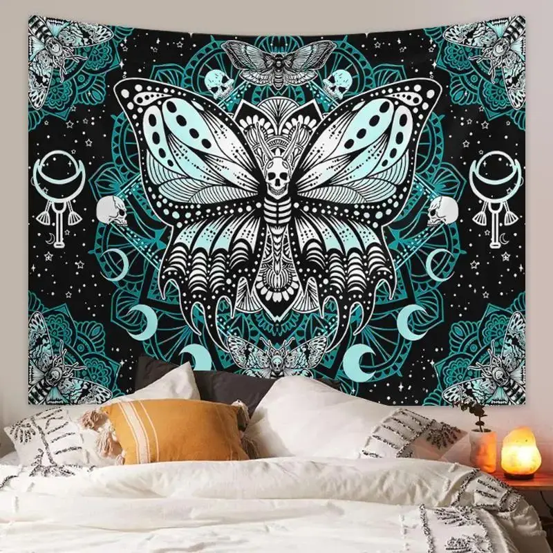 VIKAMA Teal Moth Skull Moon Mandala Tapestry Dark Goth Bohemian Wall Hanging Teen Bedroom Aesthetic Decor