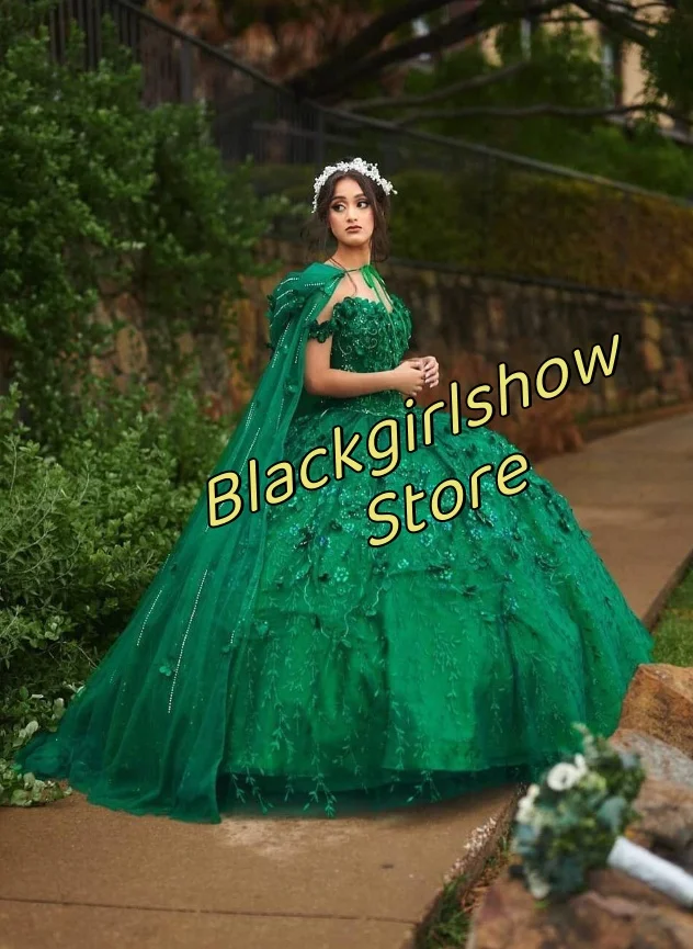 Princesa verde esmeralda Vestidos Quinceanera, Glitter lantejoulas frisada querida sem alças com gravata xale, vestido doce 16, 15, 2024