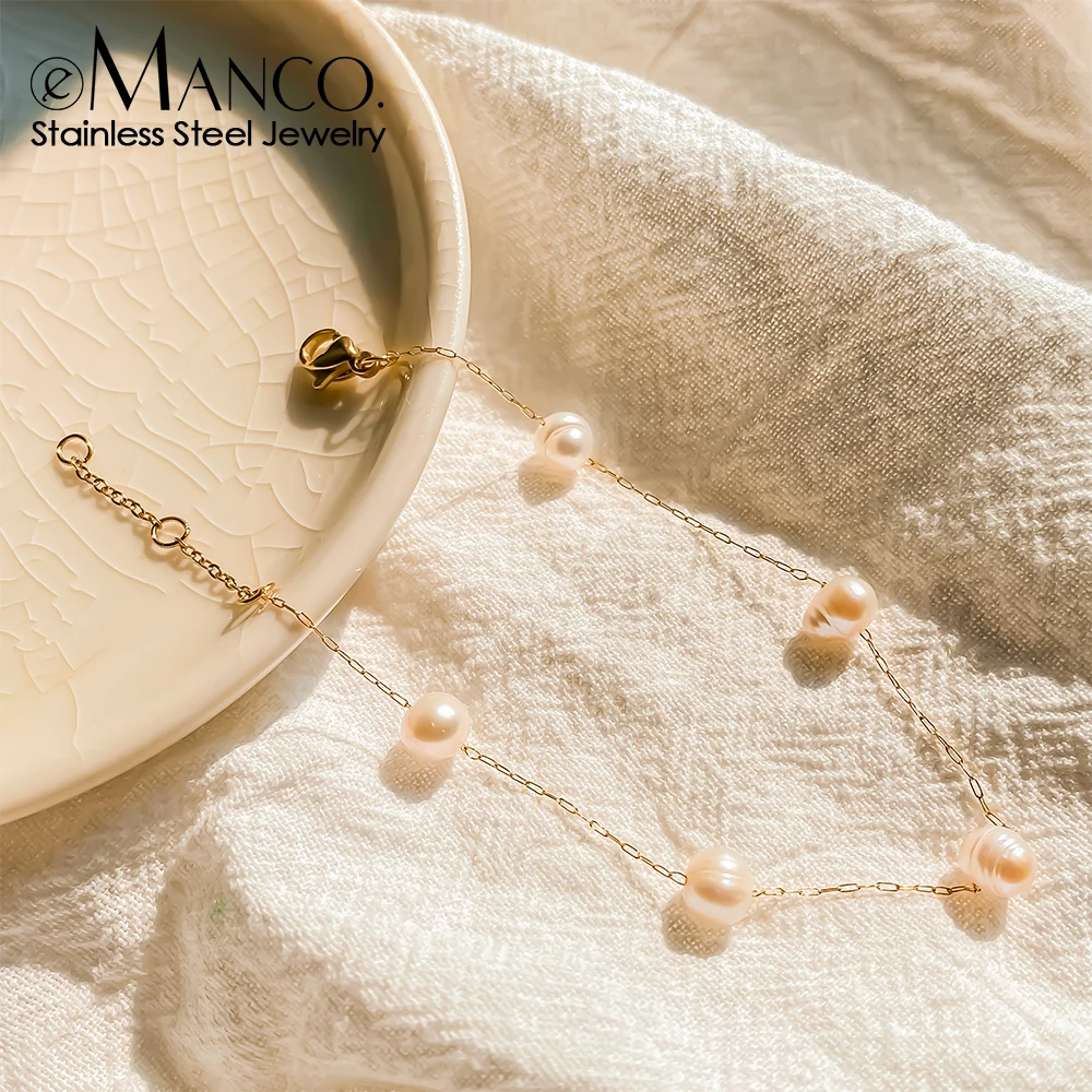 EMANCO  Hot Retro Stainless Steel Fine Chain Gold-Plated Freshwater Pearl Bracelet Ladies Simple Jewelry Wholesale Direct