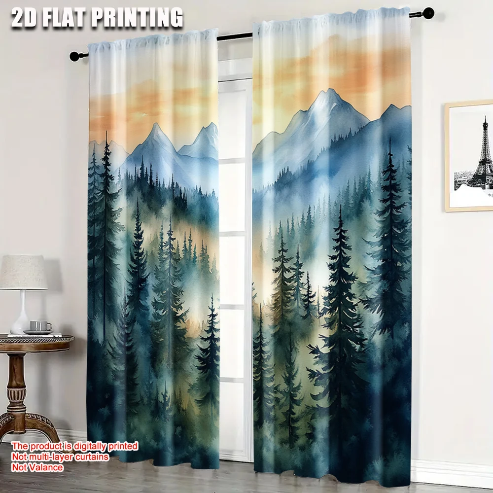 2pcs, Upscale Curtains 2D print Large Forest Mountains Pattern Durable 100% Polyester Fabric (without rod) Stuff Clearance Ldeal