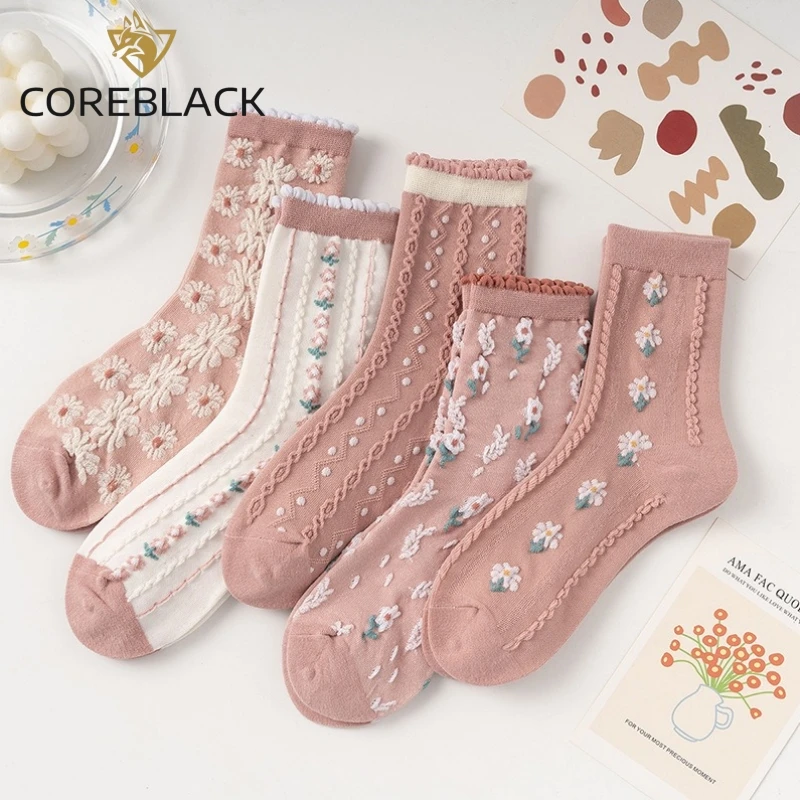 

10 Pcs=5 Pairs Pink Women Socks Ins Trendy Retro Socks for Women Combed Cotton Comfortable Breathable Ankle Socks