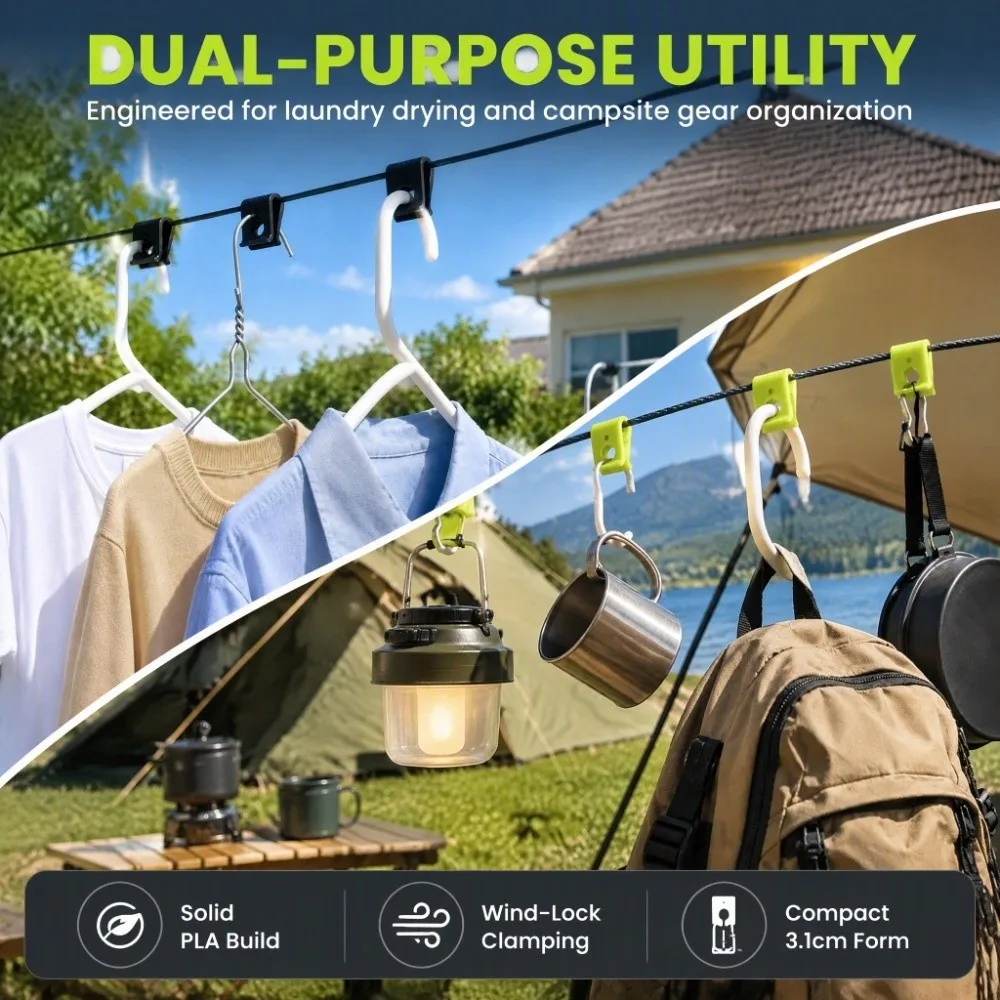 3D Printed Windproof Clothes Pegs Portable Lightweight Laundry Fastening Clips No Drill Design Built In Hook