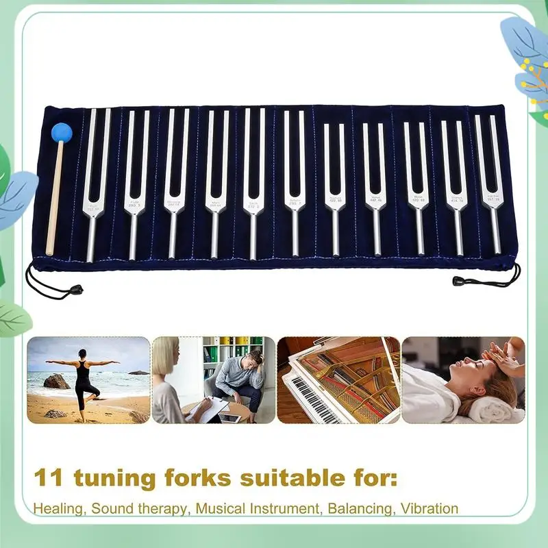 SYDS 音叉セット、癒し、サウンドセラピー用の音叉 11 個、シリコンハンマークリーニングクロスとバッグ付き