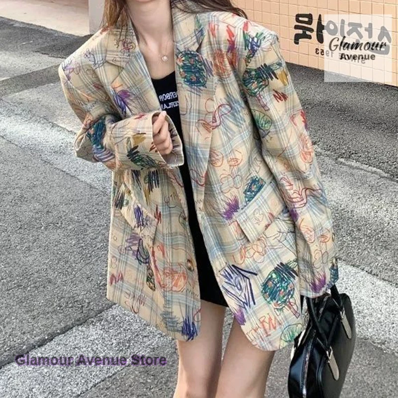 Korean graffiti printed small suit jacket female spring and autumn new fashion design sense temperament Joker loose leisure suit