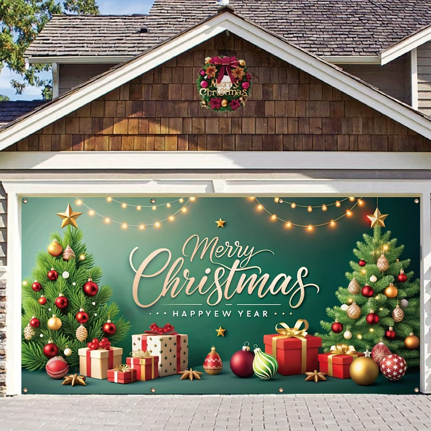 Merry Christmas and Happy New Year banners - holiday garage door covers, photo booth props, bright trees, and gift designs