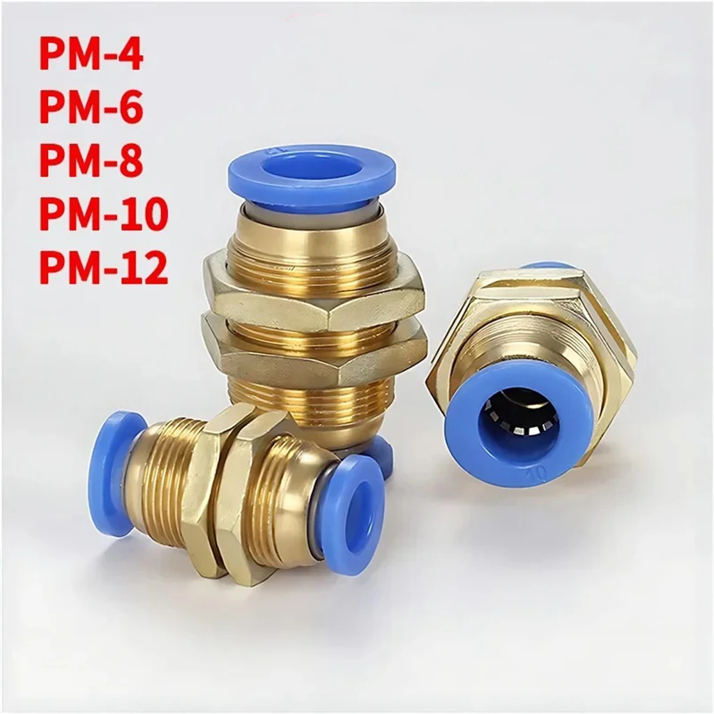 PM Bulkhead Union Pneumatic Fitting 4mm 6mm 8mm 10mm 12mm Through Panel Mount Air Line Hose Tube Push In Quick Connector