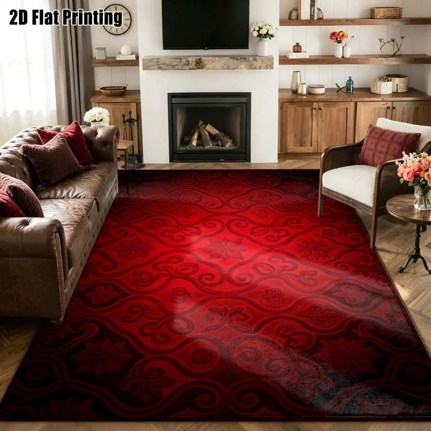 1Pc 2D Printed Burgundy Scrolling Flower Vintage European Carpet, Home Decor, Multi-Size, Machine Washable, Suitable for Entrance/Dining/Foyer/Bedroom/Study/Living Room