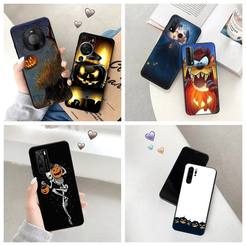 Silicone Black Phone Case for Motorola G200 5G G30 G31 One Fusion Cute Halloween Pumpkin Huawei P40 P30 P20 PSmart iphone6 Cover