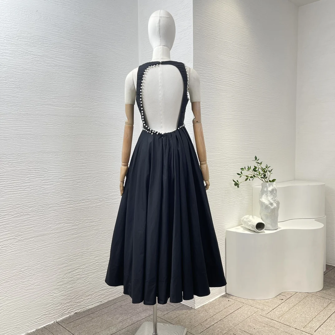 Cotton High Quality 2024 New A-line Black Pearls Beading Sleeveless Ruched Pleat Backless Women Elegant Midi Dress