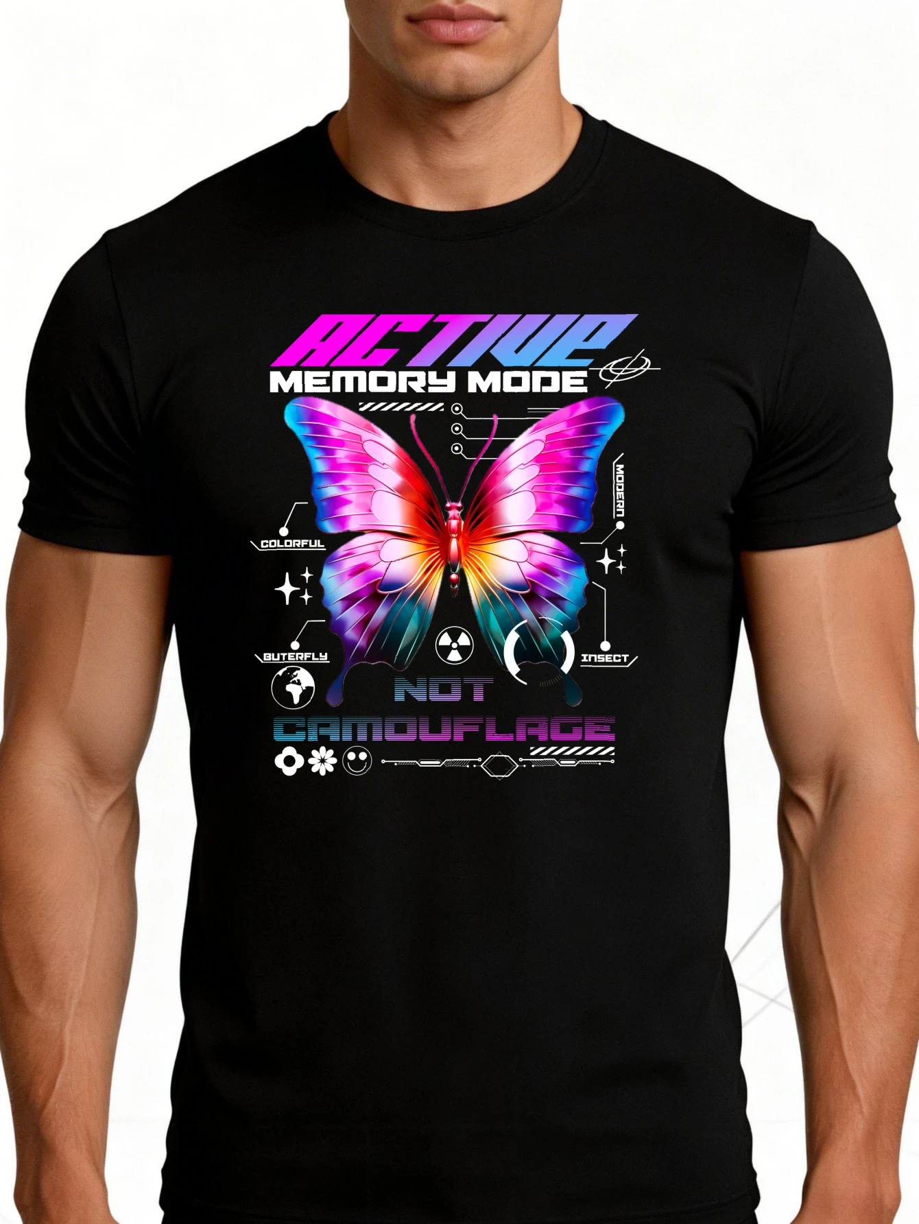 Cyberpunk Futuristic Design Men's T-Shirt with Butterfly and Text Pattern, Summer Casual Wear, Suitable for Tech Enthusiasts and Trendsetters