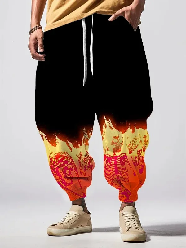 

Men's Trousers Vintage Loose Drawstring Waist Sweatpants Sporty Harajuku Chic Man Clothing Skeleton Flame Print Holiday Bottoms