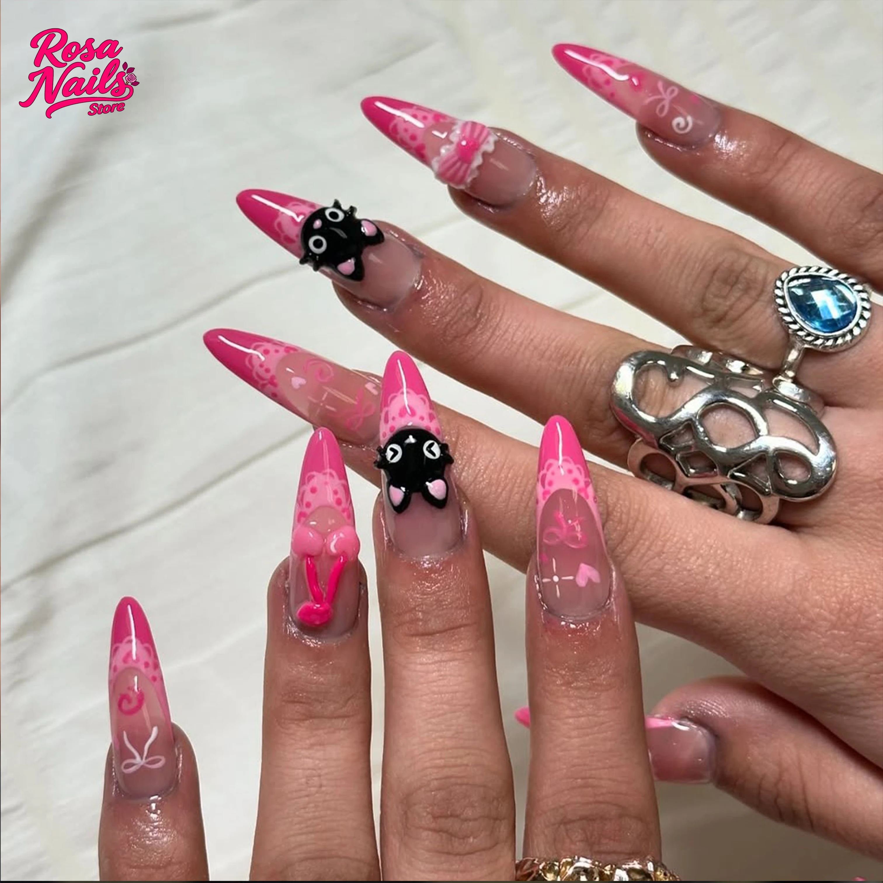 

Valentine’s Day Fake Nails Set Pink Black Cat 3D Kitties French Tips Nail Long Almond Pretty Press Ons Handmade Press on Nails