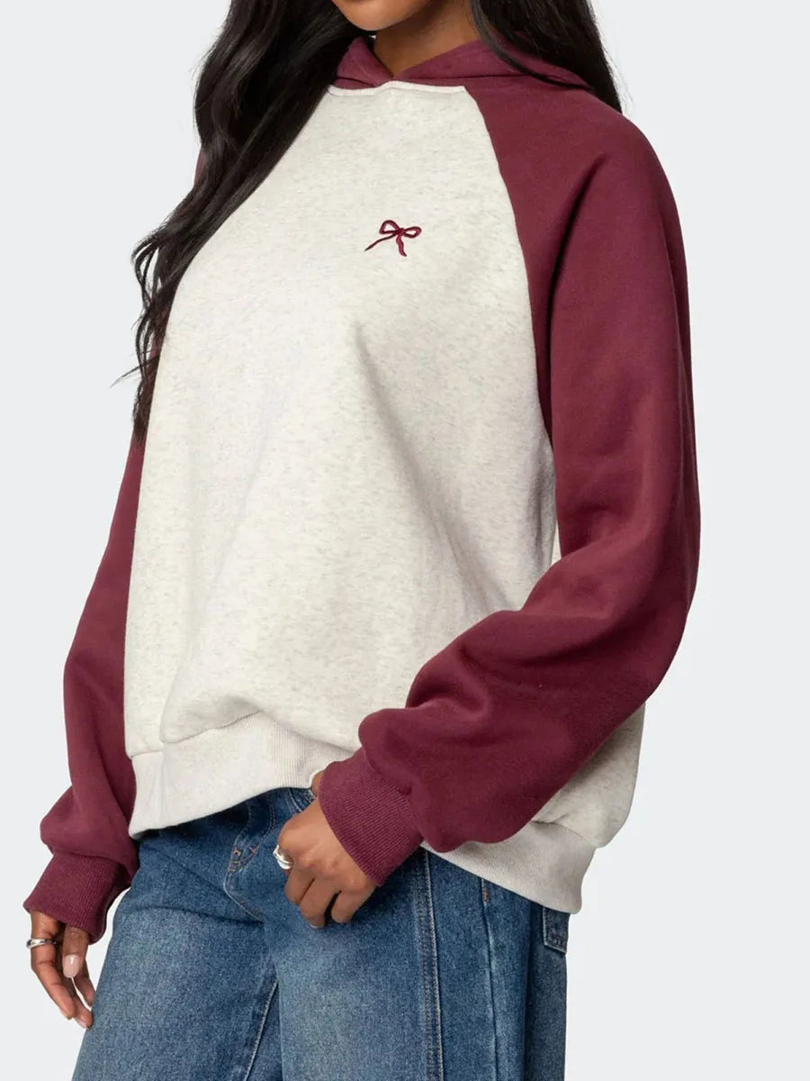 المرأة القوس هوديي كم طويل التباين اللون راجلان الخريف عارضة البلوز مقنعين البلوز