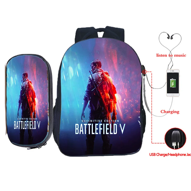 

Рюкзаки Battlefield с героями мультфильмов, пенал, 2 шт., BATTLEFIELD, школьный повседневный рюкзак, USB перезаряжаемая сумка Mochlias