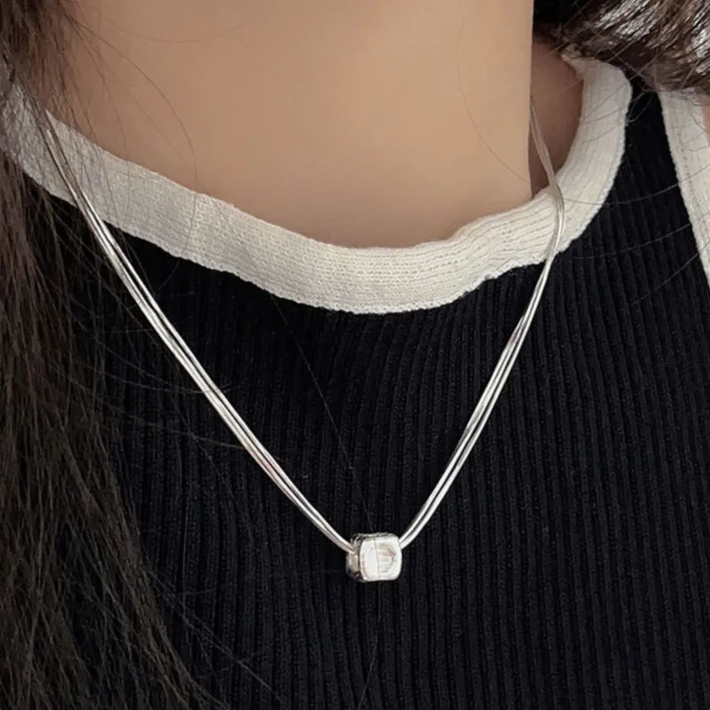 PANJBJ 925 Sterling Silver Geometry Necklace for Women Frosting Snake Bone Chain Three Layer Minimalism Jewelry Gift Dropship