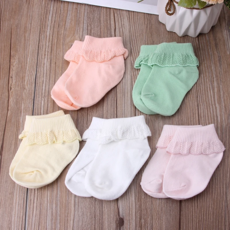 

Toddler Infant Baby Girls Elastic Socks with Ruffled Lace Ribbed Knit Solid Color Non-slip Skin-friendly Stockings 0-1y