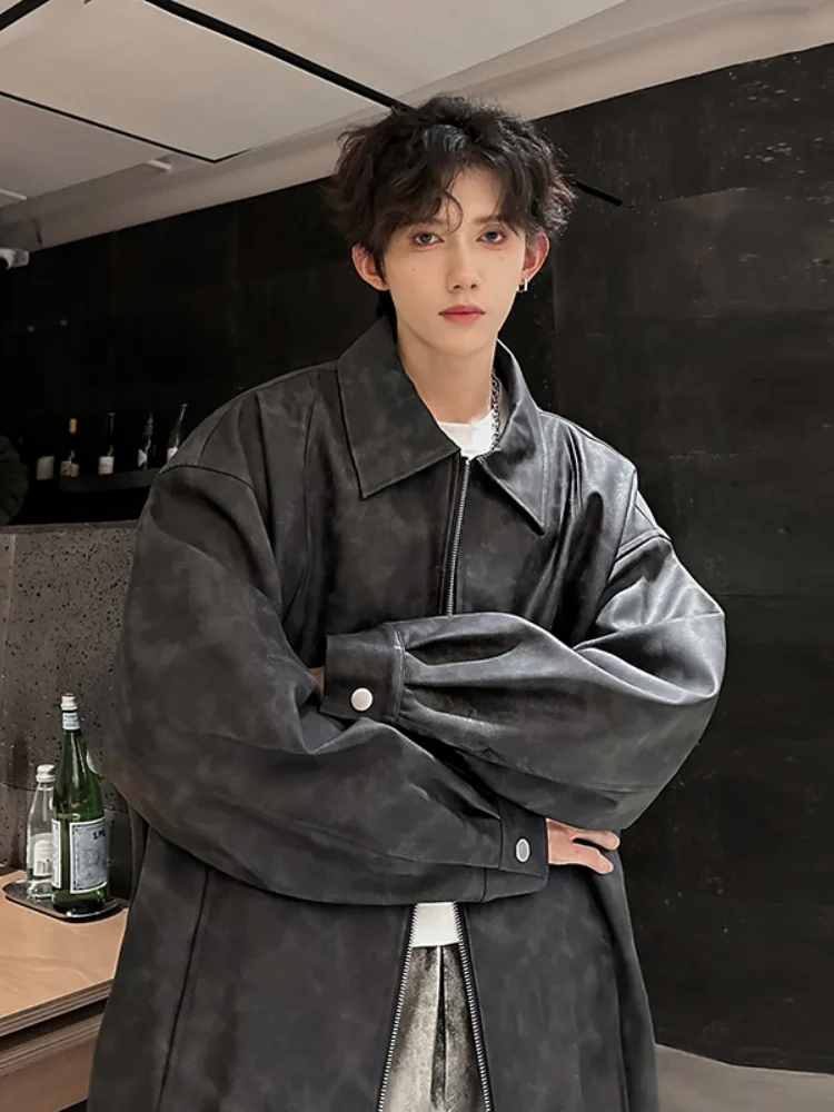 

American Retro Motorcycle Jaet Men's Spring Autumn PU Leather Coat Youthful Cool Loose Fit Decorative Button No Ironing Needed