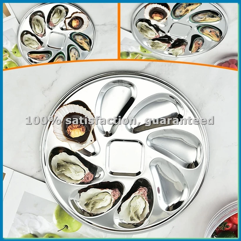 4PCS Oyster Plate Stainless Steel Oyster Plates Shell Shaped Oyster Container with 8 Slots for Oyster Sauce-AT35