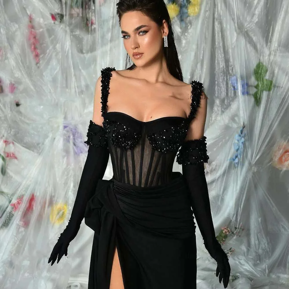 Robe de soirée noire sexy avec col en cœur, sirène, robe de Rhperlée, possède une taille haute, robe de soirée de célébrité, personnalisation