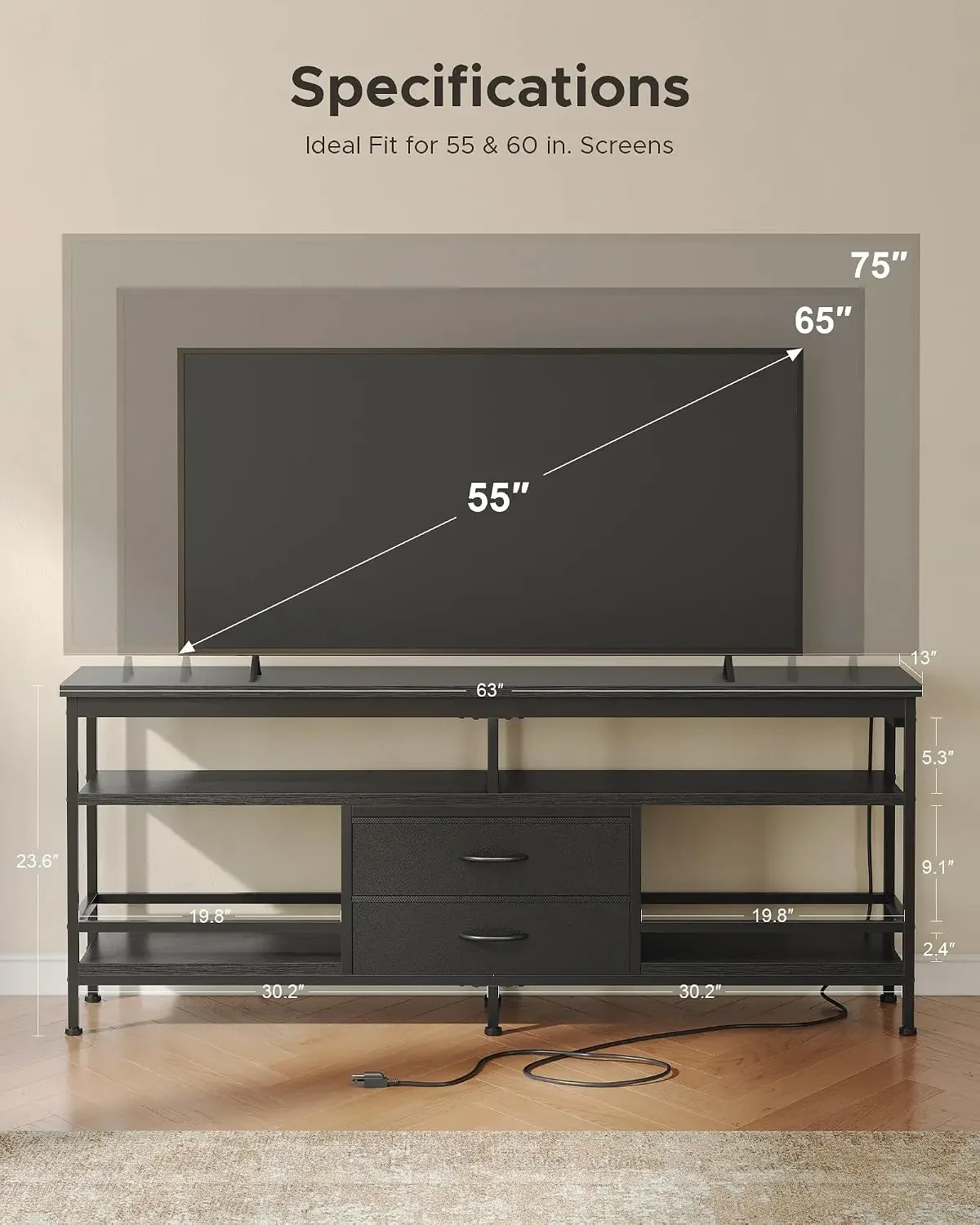 USA Stock 63in TV Stand For 55-75in Tvs, Led Lights, Charging Station, Black | Tv Stands For Living Room, Holds Up To 150lb, 4 A