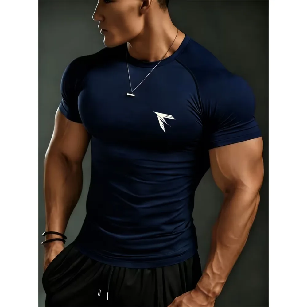New mens T-shirt fitness short sleeved shirt breathable sweat absorbing quick drying suitable for gym basketball running cycling