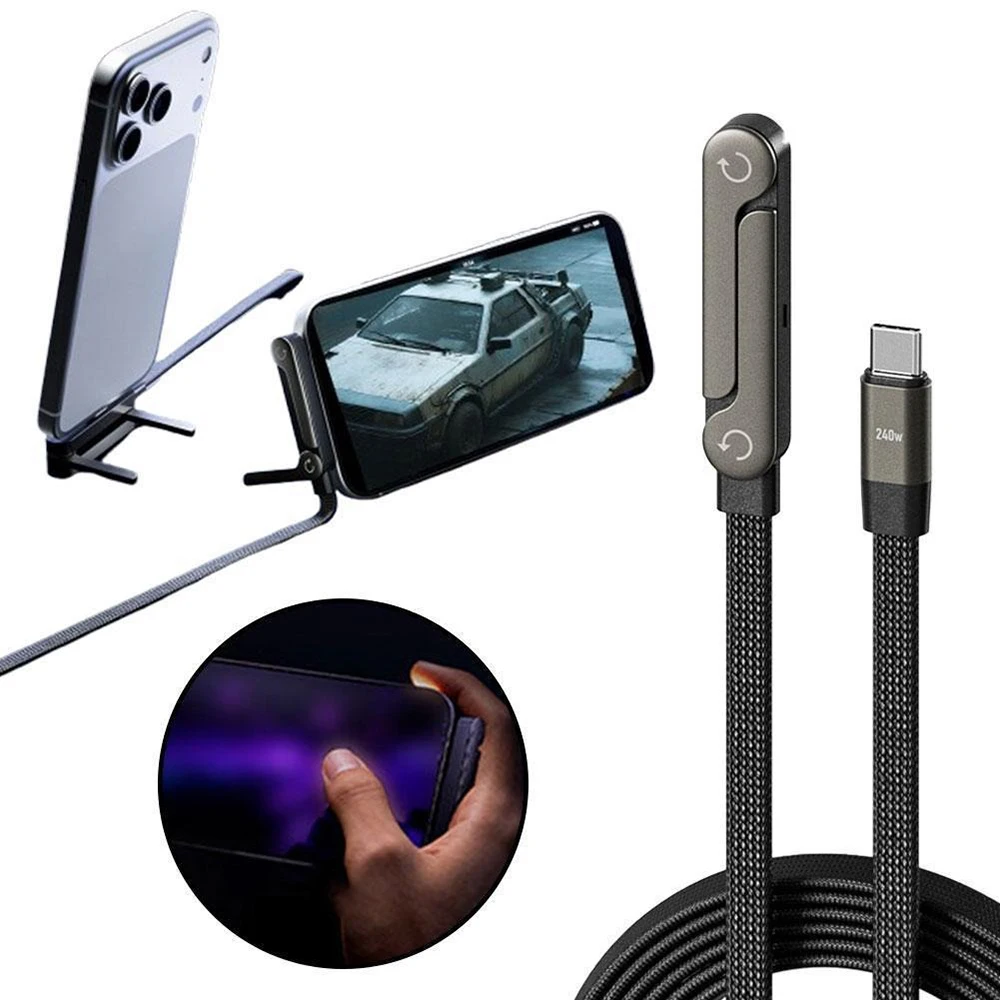 240W Elbow Fast Charging USB-C-auf-USB-C-Kabel mit klappbarem Telefonständer, 480Mbps Datensynchronisationskabel für iPhone 17/16/15 Samsung S25