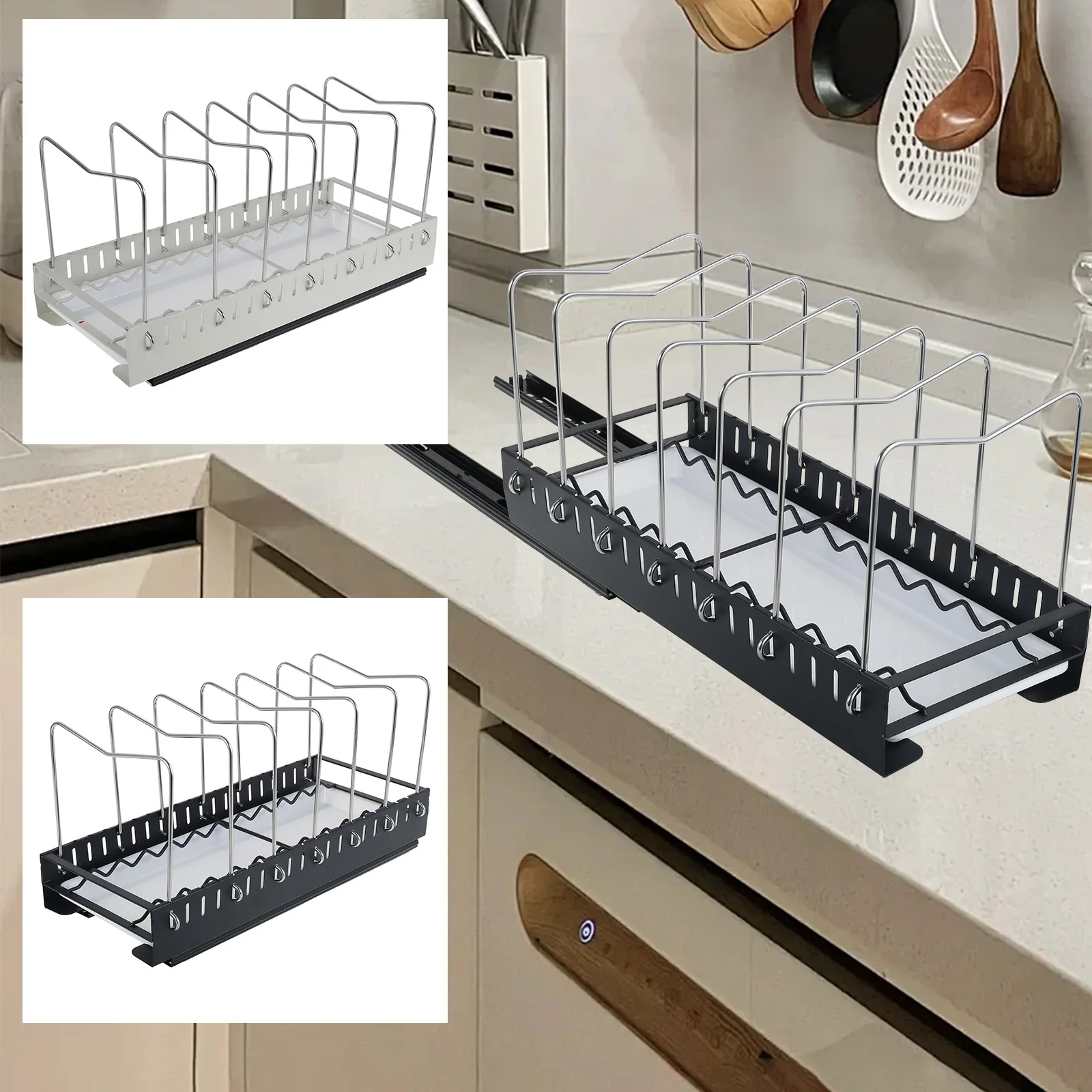 Pot Lid Organizer with Drain Tray Carbon Steel Pull Out Pot Lid Holder with 7 Adjustable Dividers Sturdy Rustproof Pot Lid Rack