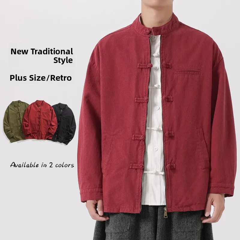 

New Chinese Sle Men's Jaet Long Sve Vintage Look Large Size Outerwear Cotton 00% Loose Fit Youth Suitable