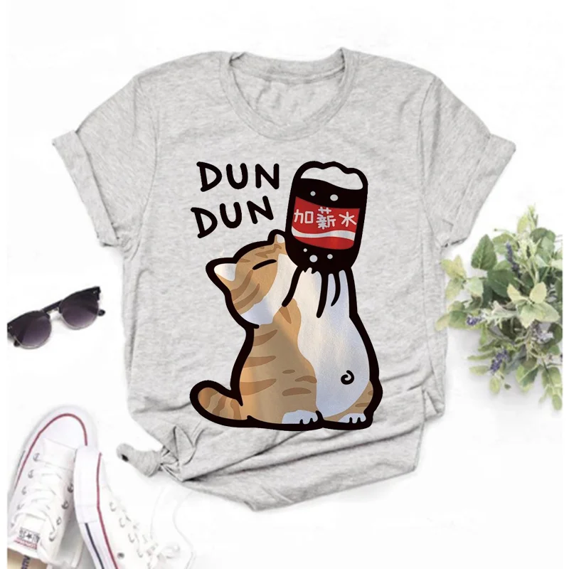 Female Cartoon Kitten Printed T-shirt, Casual Short Sleeved Top, Loose Design, Retro Trend, Harajuku, Summer